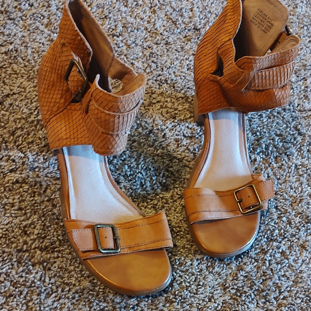 Evelina 9 Women's Leather Miz Mooz Brown Strappy Buckle Ankle 1.5inch Heel